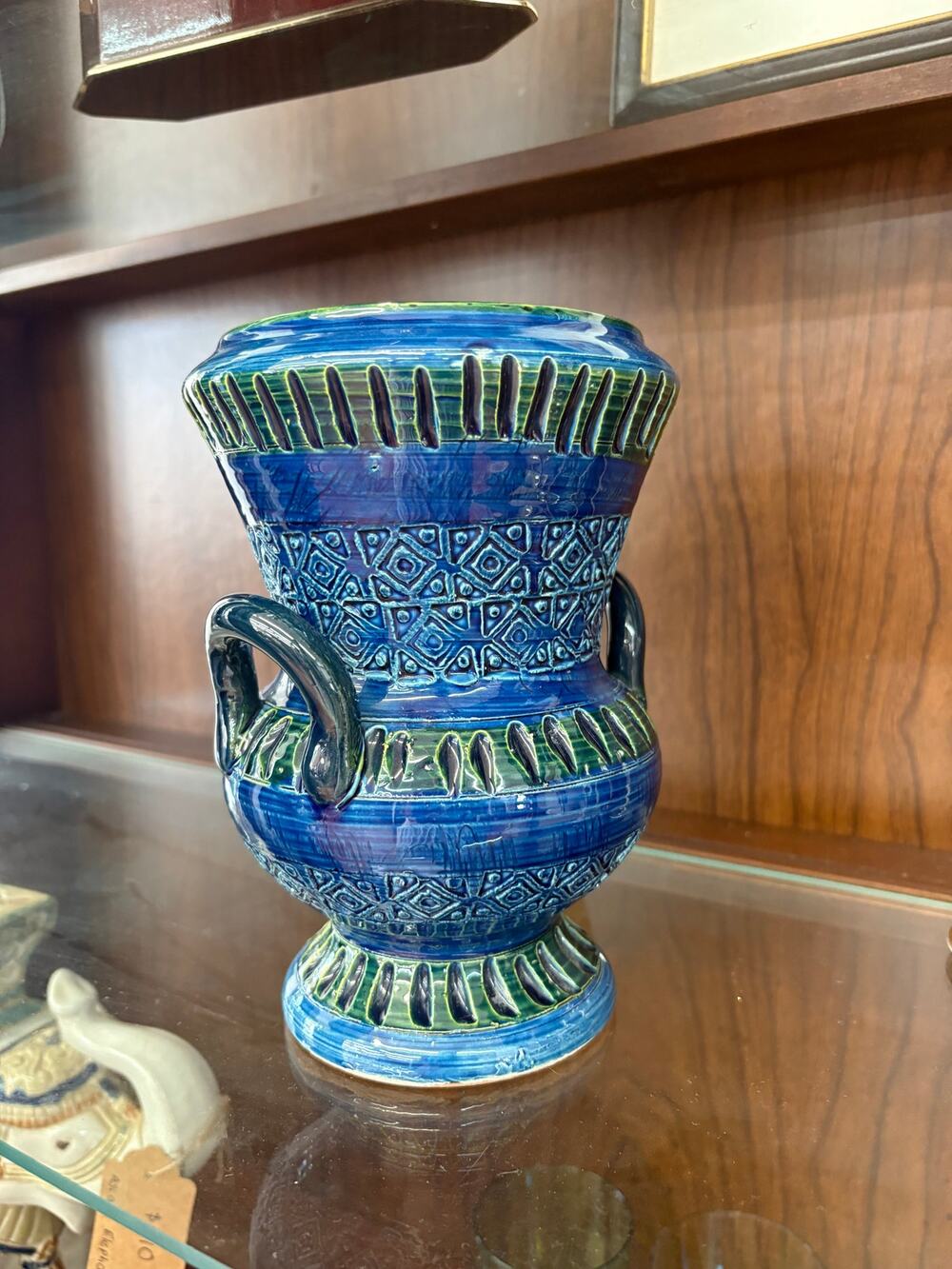 Authentic Bitossi Blue and Green Italian Pottery Vase with Handles